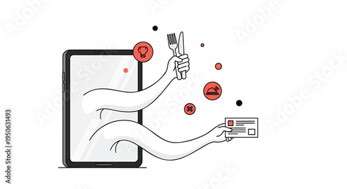 Vector illustration of a hand emerging from a smartphone screen holding a credit card and a pencil with error symbols