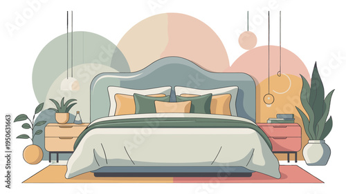 Cozy bedroom interior with bed and decorative elements.