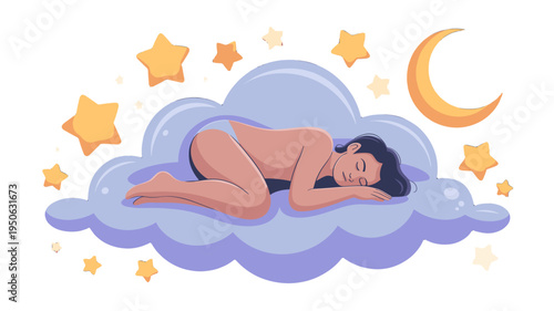 Dreamy woman sleeping soundly on a cloud surrounded by stars and moon.