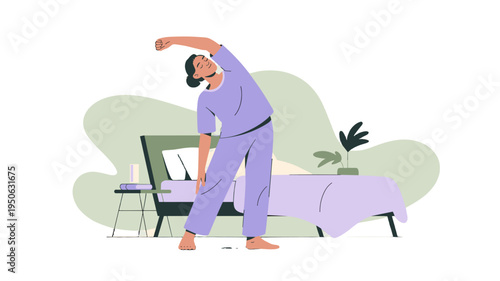 A woman stretching by a bed.