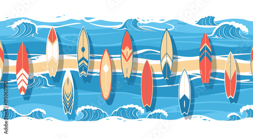 Colorful surfboards floating on ocean waves.