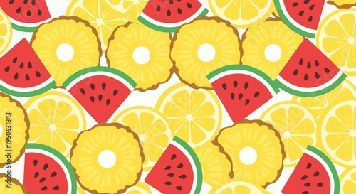 Colorful pattern of sliced tropical fruits.