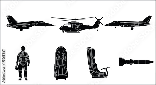 Set of 6 military helicopter and equipment icons vector