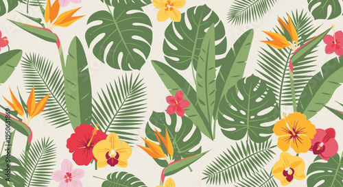 Vibrant tropical floral pattern with exotic leaves and colorful blooms.