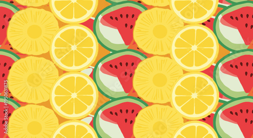 Colorful pattern of sliced citrus fruits.
