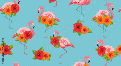 Vibrant flamingos and hibiscus flowers pattern.