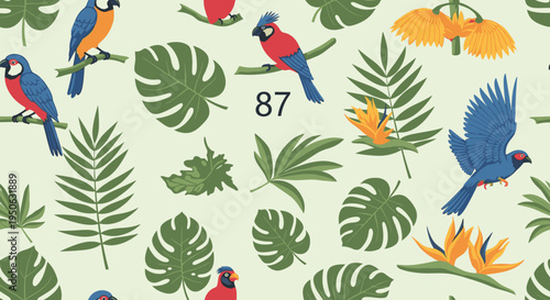 Vibrant tropical birds and leaves pattern.