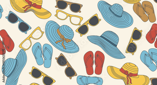 Colorful summer accessories pattern with hats and sunglasses.