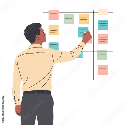 A man in a business setting using a Kanban board for project management and organization
