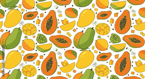 A colorful pattern of various tropical fruits.
