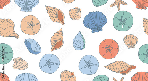 Colorful illustration of various seashells and starfish on white background.