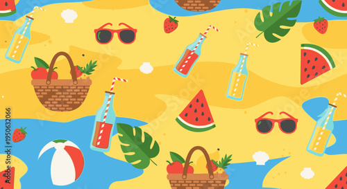 Vibrant beach picnic pattern with sunglasses and refreshments.