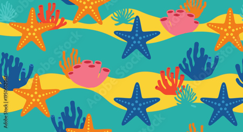 Vibrant underwater scene with starfish and coral.