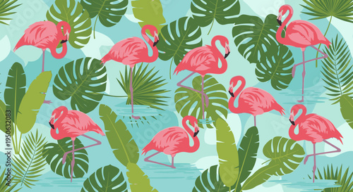 A vibrant illustration featuring a flock of pink flamingos wading in light blue water surrounded by lush green tropical leaves and palm fronds, creating a lively summer pattern.