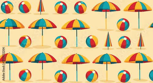 A repeating pattern of colorful beach balls and open and closed beach umbrellas on a light background, evoking summer and vacation.
