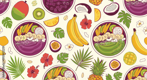 Seamless pattern of vibrant tropical acai bowls with fresh fruits, palm leaves, and hibiscus flowers on a light background, perfect for summer designs.