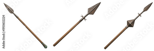 Foto Set and collection of medieval iron spears and lances with wooden shafts and sha