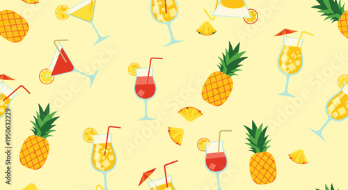 Seamless tropical pattern featuring pineapples, various colorful cocktails, and fruit slices on a light yellow background, ideal for summer designs.
