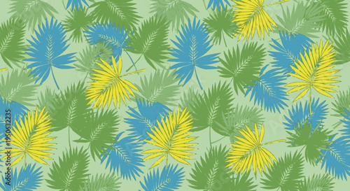 A vibrant seamless pattern featuring an array of tropical palm leaves in shades of green, blue, and yellow on a light green background, creating a lively botanical design.