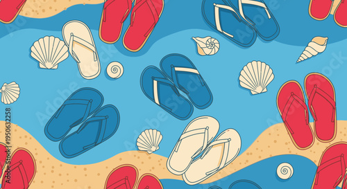 Seamless pattern of colorful flip-flops and seashells on a sandy beach with blue ocean waves, perfect for summer vacation designs.