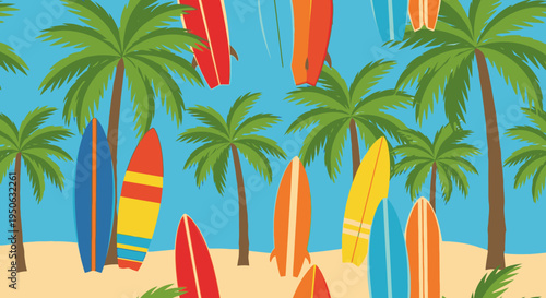 Vibrant tropical beach scene with numerous colorful surfboards and green palm trees under a bright blue sky, evoking summer vacation.