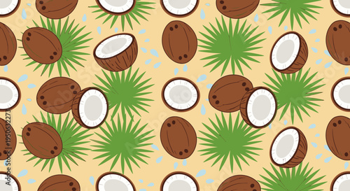 Seamless tropical pattern featuring whole and halved coconuts with green palm leaves scattered on a light sandy background with subtle blue accents.