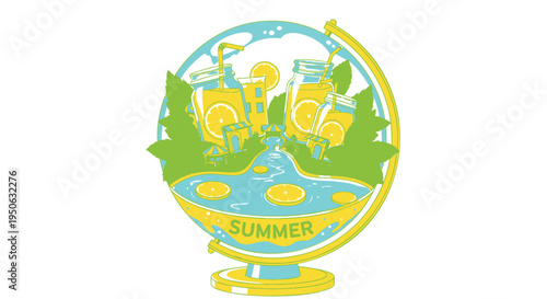 Vector illustration of globe with amusement park on water, summer theme