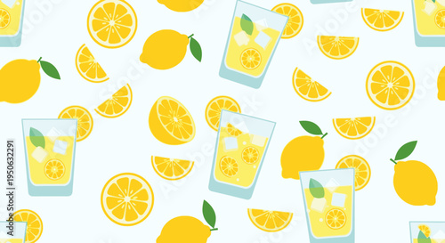 Seamless pattern featuring bright yellow lemons, fresh lemon slices, and refreshing glasses of lemonade with ice and mint on a light background.