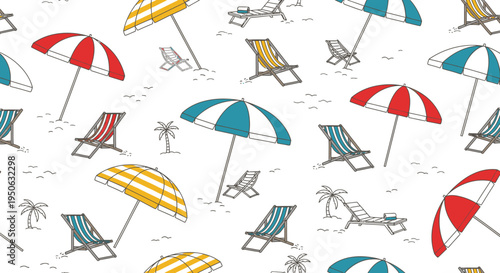 A seamless pattern featuring colorful striped beach umbrellas, lounge chairs, and small palm trees scattered across a sandy white background, evoking a summer vacation theme.