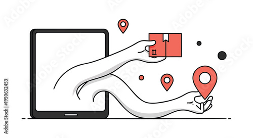 Vector delivery and location icons with hand and tablet
