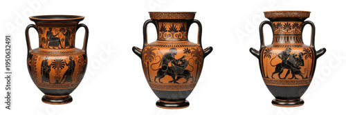 Fotografie Set and collection of ancient Greek amphora pottery with black figure mythologic