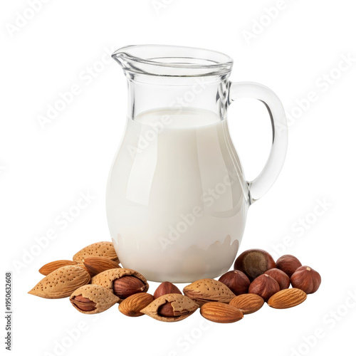 Pitcher of milk with almonds and hazelnuts