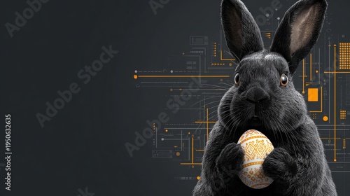 Seasonal cheer: happy bunny with an easter surprise. Futuristic technology. Charming black bunny holding a colorful easter egg on pastel. Smart systems. Intelligent systems.