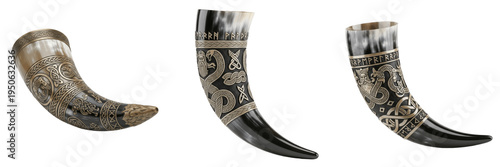 Quadro su tela Set and collection of viking drinking horns with engraved nordic patterns and si