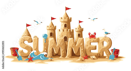 Vector summer sandcastle illustration with beach elements