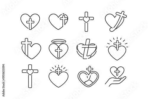 Christian Heart and Cross Minimal Line Symbol Set, Simple Flat Vector Illustration for Religious Branding, Church Logos, Faith-Based Design, Spiritual Love Icons, and Christian Community Symbols.