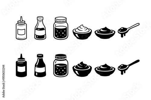 Minimalist set of black and white sauce and condiment icons featuring various containers like squeeze bottles, glass jars, dipping bowls, and a dripping spoon for ketchup, mustard, mayo, and jam.