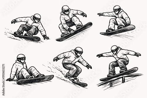 Set of Hand Drawn Snowboarding Action Poses with Athletes Performing Jumps, Slides, and Grinds, Vintage Ink Sketch Style Vector Illustration for Winter Sports and Extreme Mountain Activities