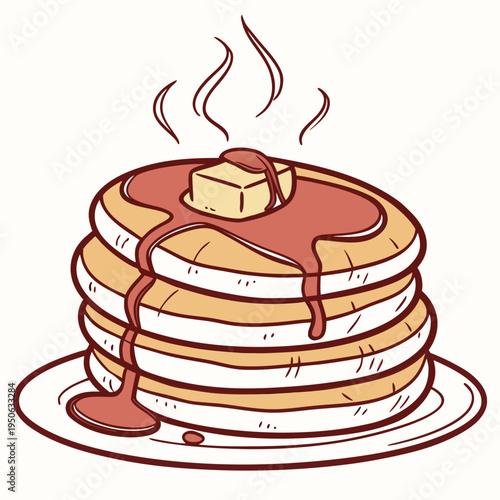 Stack of pancakes with butter and syrup plate