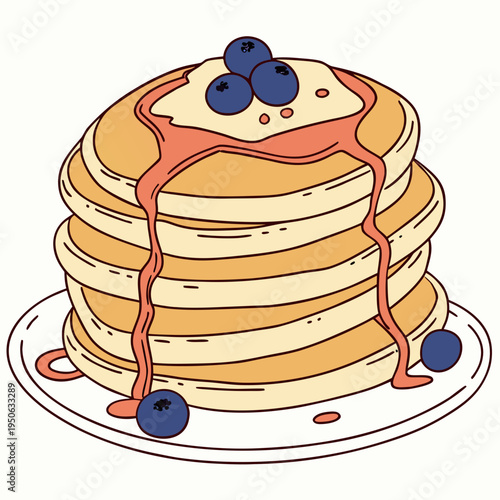 Stack of pancakes with blueberries and syrup plate