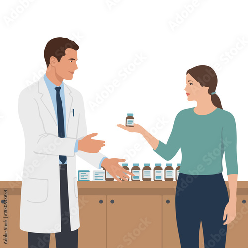 A pharmacist and customer discussing medication at a pharmacy counter