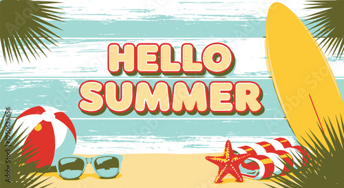 Summer beach background with surfboard and beach ball vector