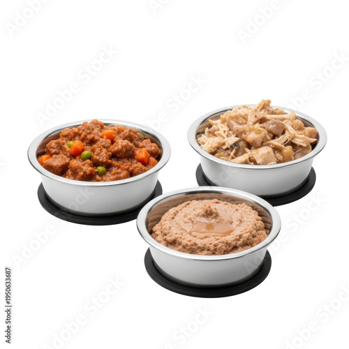 Three bowls of pet food