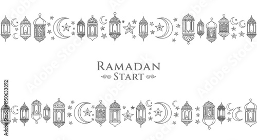 Ramadan Mubarak start, islamic lanterns and crescent moon