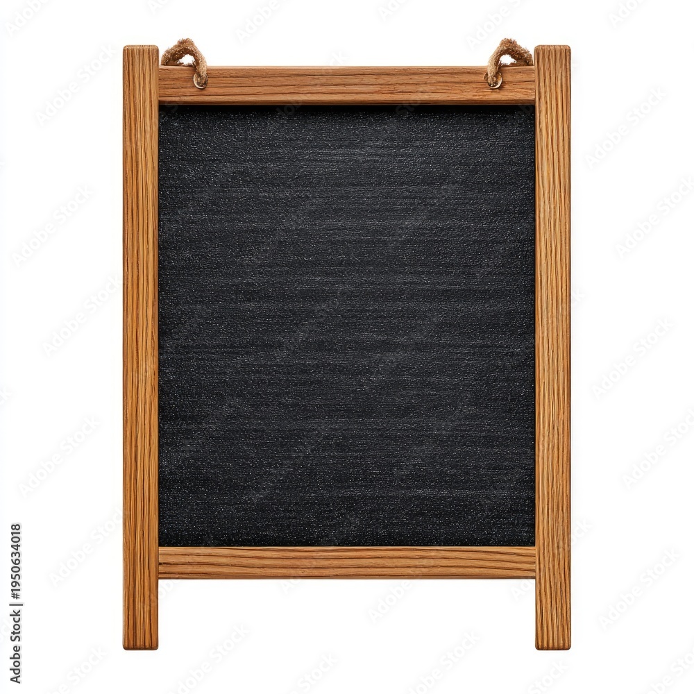 Obraz premium Blank, dark chalkboard with a natural wood frame and rope hanger on a white background