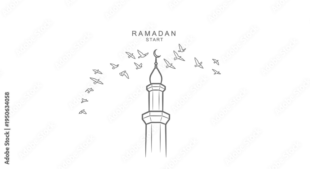 Fototapeta premium Ramadan start concept with mosque minaret and flying birds