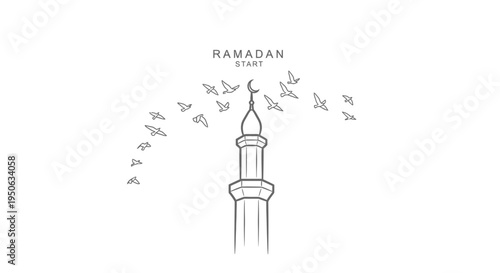 Ramadan start concept with mosque minaret and flying birds
