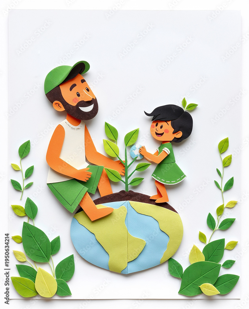 Naklejka premium Father and Child Caring for Planet Earth with Recycling Symbol and Growing Plant