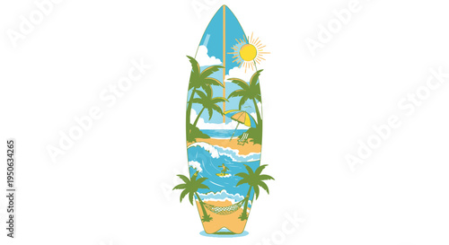 Vector surfboard icon with tropical beach scene