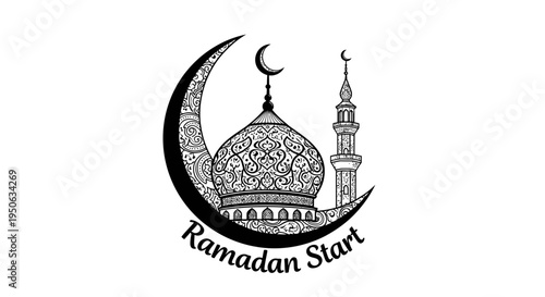 Ramadan start illustration with mosque and crescent moon